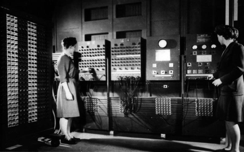 Jean & Fran Bilas | Left: Jean Jennings Bartik.  Right: Frances Bilas Spence.  Two of six women programmers, Jean and Fran operate the ENIAC's main control panel at the Moore School of Electrical Engineering. (U.S. Army photo from the archives of the ARL Technical Library)