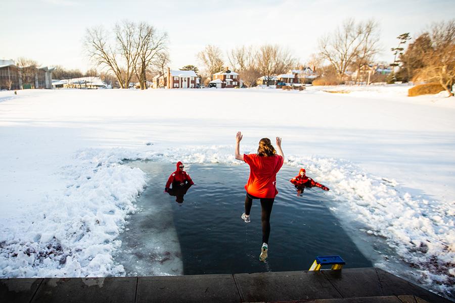 Linsey Filger took her turn jumping into Colden Pond last year during Up 'til Dawn's annual fundraiser for St. Jude Children's Hospital. The Northwest chapter is hosting the fundraiser again on Nov. 20. (Photo by Carly Hostetter/Northwest Missouri State University)