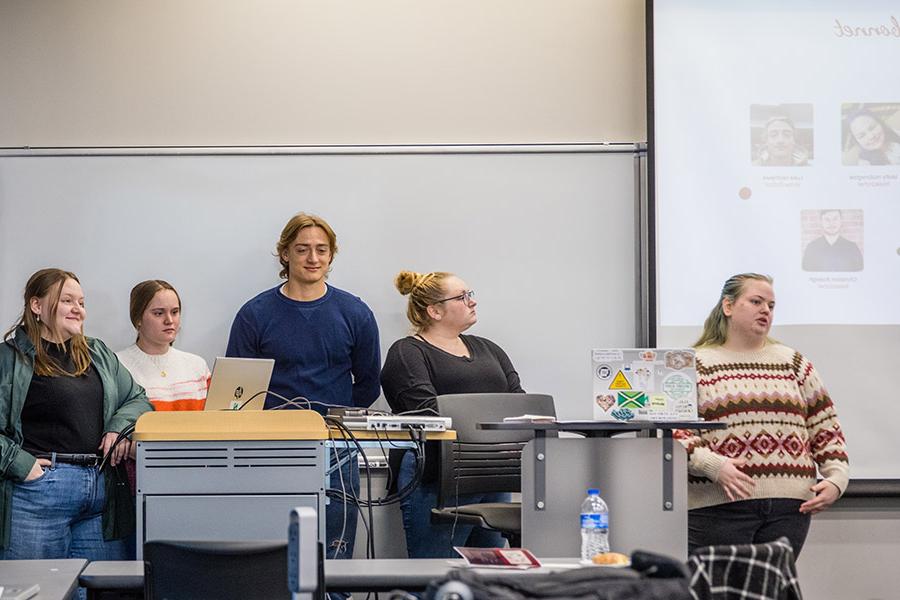 Students in Northwest's professional and technical writing course on Dec. 7 presented their plan for defending the campus against zombies. (Photo by Todd Weddle/Northwest Missouri State University)